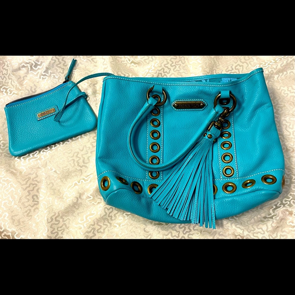 Beautiful new Fiore leather bag. Turquoise with metal hardware & coin purse